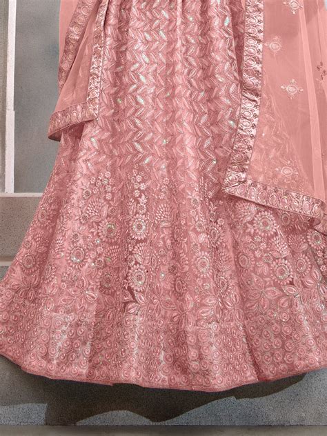 Buy Peach Thread Embroidered Net Lehenga Choli From Ethnic Plus