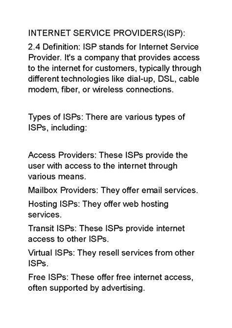 ISP notes - INTERNET SERVICE PROVIDERS(ISP): 2 Definition: ISP stands ...