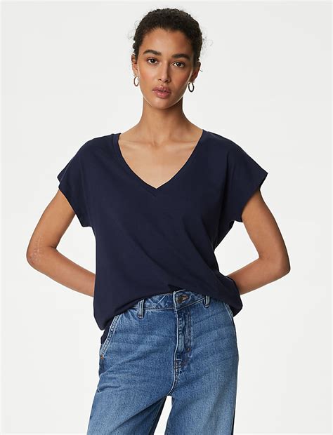 Buy Cotton Rich V-Neck Relaxed Longline T-Shirt at Marks & Spencer