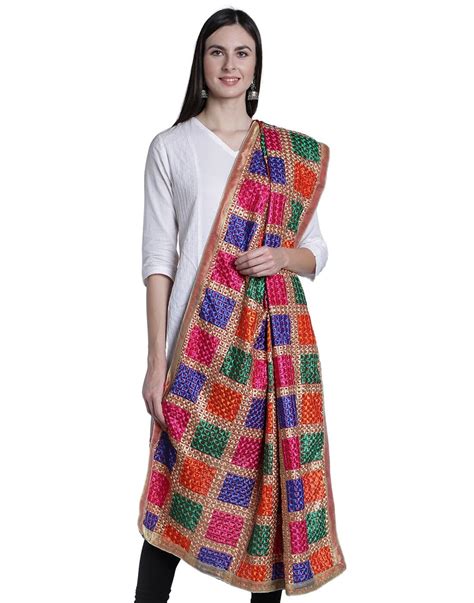 Buy Moda Chales Multicolour Checks Phulkari Dupatta at Amazon.in