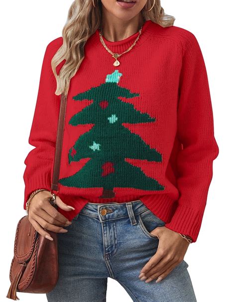 Womens Sweaters Crew Neck Pullover Festive Christmas Tree Sweaters for ...