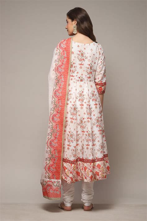 Cream Cotton Anarkali Kurta Churidar Suit Set