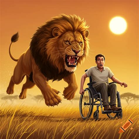 Lion chasing a man in a wheelchair on Craiyon