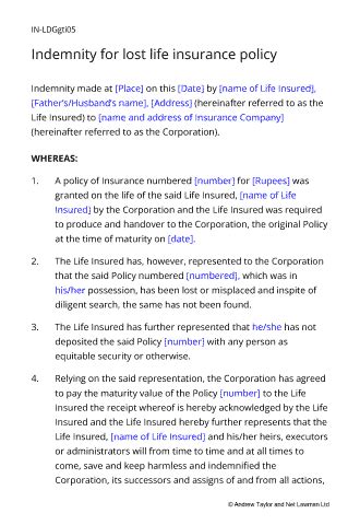 Indemnity for lost life insurance policy