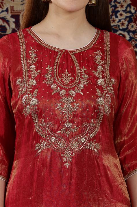 Buy Red Dori Embroidered Yoke Straight Festive Kurta Online for Woman ...