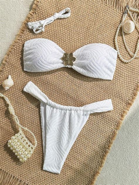 Women's Elegant White Jacquard Fabric Bikini Two-Piece Set, Back Strap ...