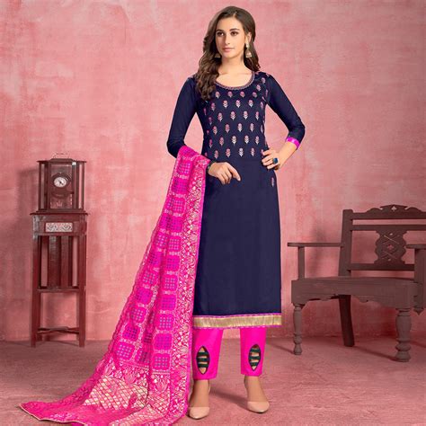 Innovative Navy Blue Colored Partywear Embroidered Pure Cotton Dress ...