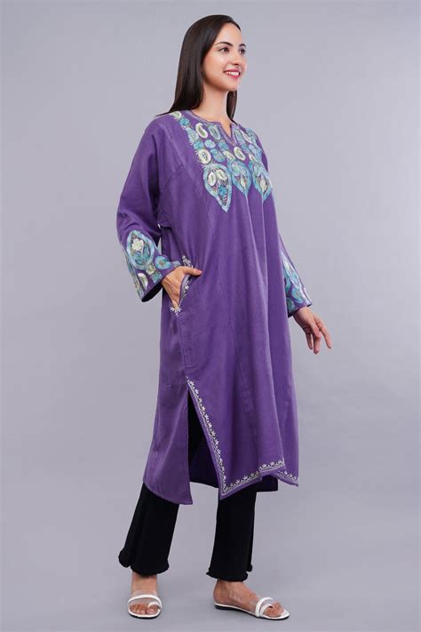 Buy Purple Kashmiri Pheran with Pastel Blue Aari Paisleys & Floral ...