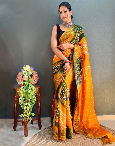 Mustard Yellow Hand Bandhej Bandhani Saree With Weaving Border – Sareewave