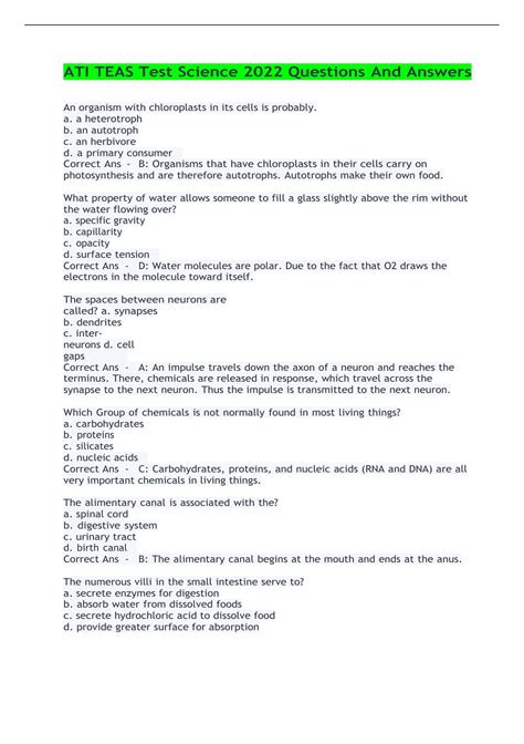 ATI TEAS Test Science Questions and Answers 2022 Edition - ATI - Stuvia US