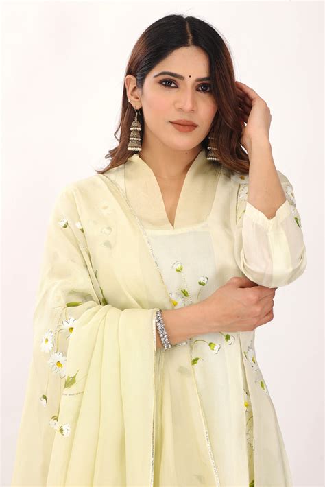 Hand Painted Pale Yellow Color Anarkali pattern suit set with Dupatta ...