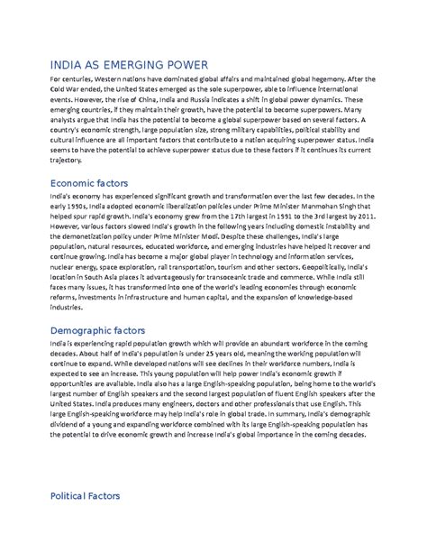 India AS Emerging Power - INDIA AS EMERGING POWER ####### For centuries ...