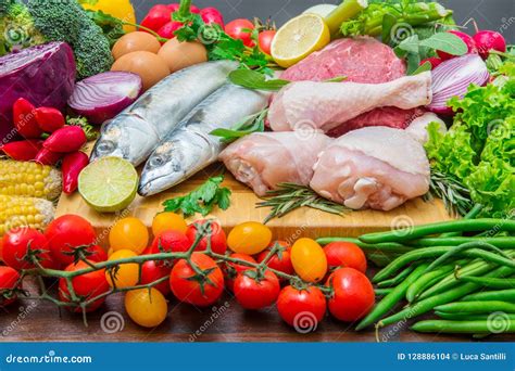 Mediterranean Diet with Fish,meat and Vegetables Stock Photo - Image of nediterranean, natural ... - diet of meat vegetables and fruits