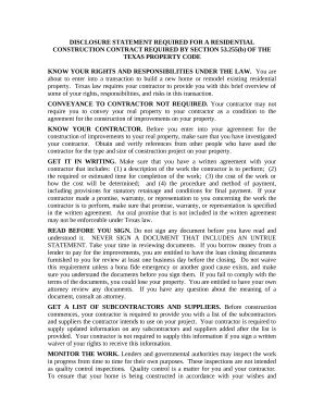 Texas Residential Construction Contract Disclosure Statement - Blank ...
