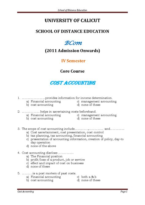 QB BCom IV Sem Core Cost Accounting Study Notes - March 2016 - Studocu