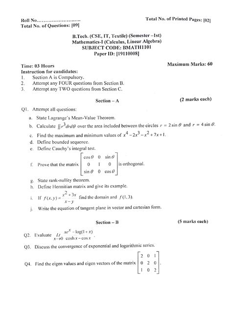 Maths Previous Year Paper ( Bmath 1101) 221219 194706 - Roll No ...