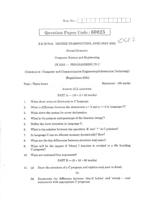 CS3251 Final Exam Question Paper - Programming in C (2022) - Studocu