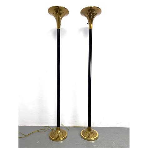 Pr Contemporary Brass Torchiere Floor Lamps. Heavy Decorative Trim ...