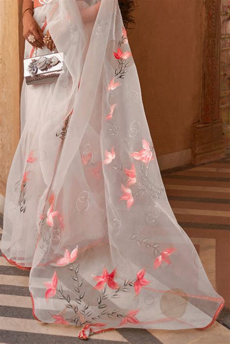 Cloud Grey Digital Floral Print Organza Saree – MOR ETHNICS