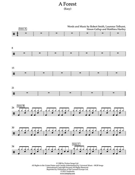 A Forest (Easy Level) (The Cure ) - Drums Sheet Music