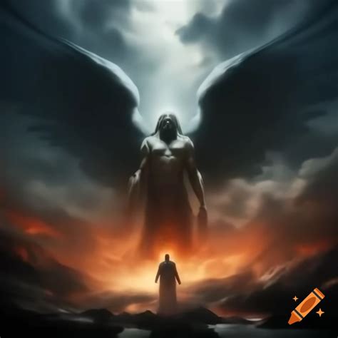 Heaven and hell blend with angel figure and cracked sky leaking silver on Craiyon