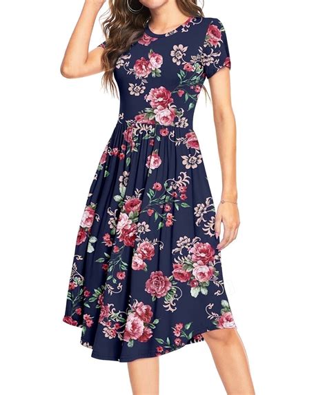 Aiyino Women's Short Sleeve Casual Dress Pleated Loose Flowy Midi Dress ...
