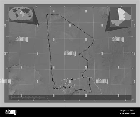 Timbuktu, region of Mali. Grayscale elevation map with lakes and rivers ...