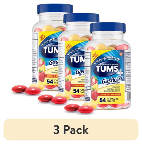 (3 pack) Tums+ Gas Relief, Chewy Bites Chewable Antacid Tablets, Lemon/Strawberry, 54 Count ...