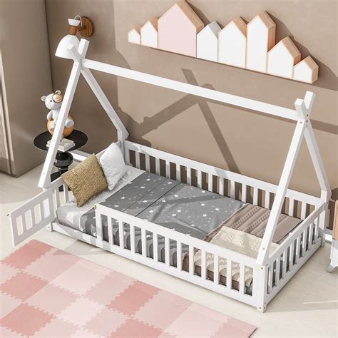 Amazon.com: LostCat Twin Size Floor Bed for Kids Girls Boys, Wooden ...
