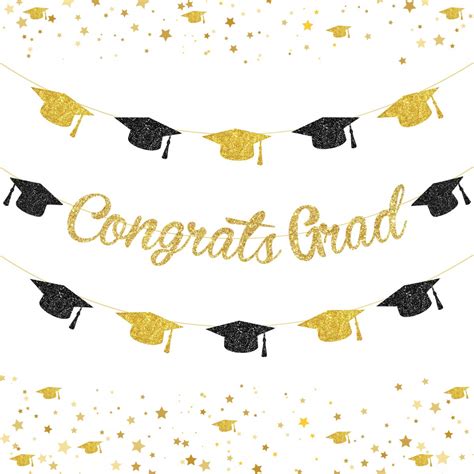 Buy JOYMEMO Congrats Grads Banner Grads Hats Garland Black Gold Glitter ...