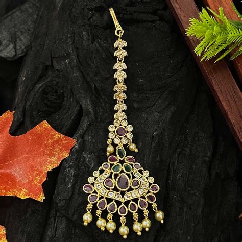 Micro Gold Plated Maang Tikka with AD Stones & Pearls | Festive Jewelry ...