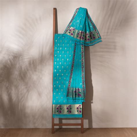 Niloufer Waterspout Blue Banarasi Handwoven Cotton Suit Set – Warp 'n Weft