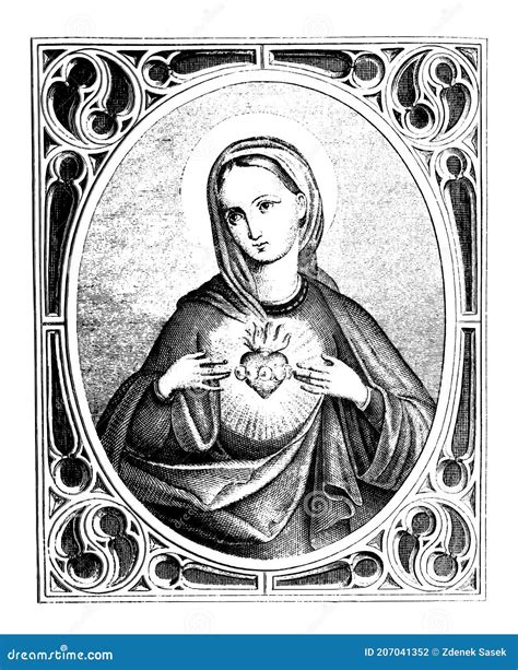 Vintage Antique Line Drawing or Engraving of Heart of Virgin Mary ...