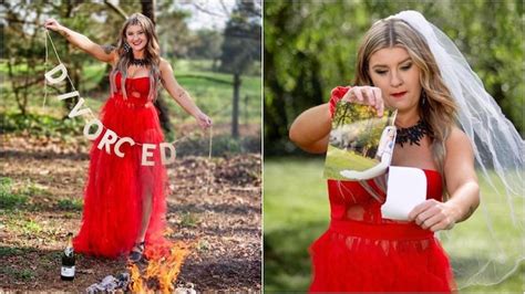 Woman celebrates her divorce by burning her wedding dress during ...