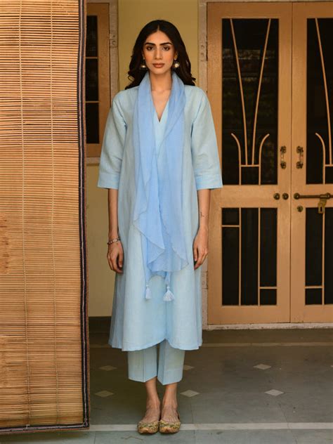Blue linen kurta set-set of 3 6984460337254 – RESHA INDIA