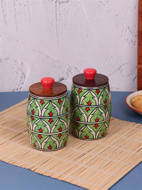 Parrot Green Hand-made Ceramic Dholak Jar with Wooden Lid Set of 2 ...