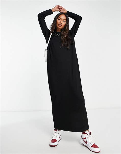 ASOS DESIGN long sleeve maxi t-shirt dress in black | ASOS | Maxi ...