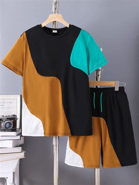 Teen Boy 2pcs/Set Summer Casual Knitted Colorblock T-Shirt And Shorts ...