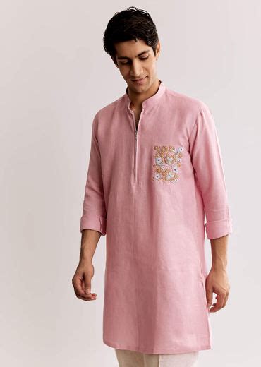 Pink Linen Kurta Set With Embroidery
