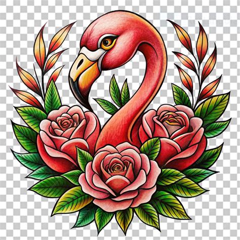 Premium PSD | Flamingo head laurel roses old school tradition on ...
