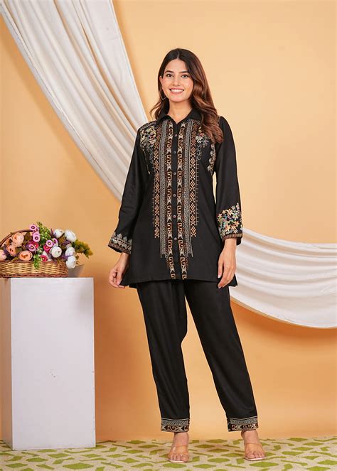 Buy Black Rayon Button Front Embroidered Co-ord Set | Kaftanize