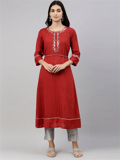 Neerus Women Rust Geometric Yoke Design Keyhole Neck Flared Sleeves Go ...