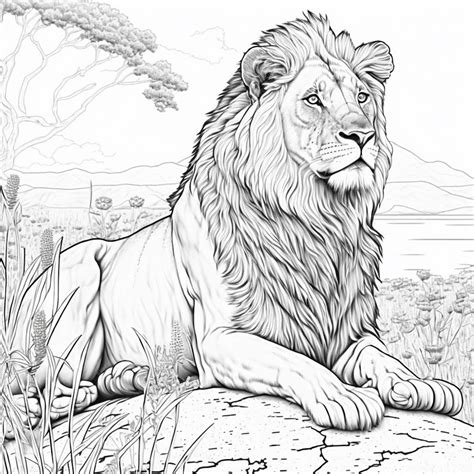 Premium Photo | Lion coloring page black and white for coloring book