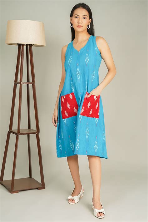 Buy Indophilia Women's IKAT Midi Blue Dress Online