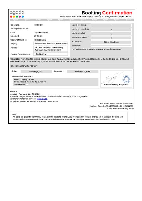 Confirmation for Booking ID # 563559866 - Booked And Payable By : Agoda ...