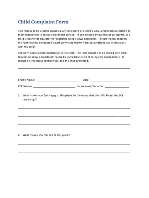 Child Complaint Form - Blank Fillable Template | Fill Out, Print ...