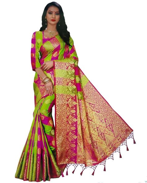 Buy Rashmi Women's Kanchipuram Pattu Style Check Print Silk Saree (Pink ...