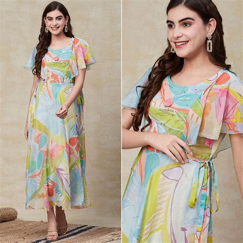 Sky Blue Printed A-Line Flared Maxi Dress