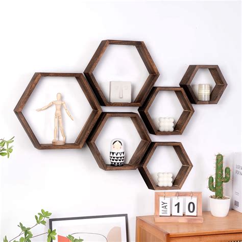 WONFUlity Extra Large Wall Mounted Set of 6 Hexagon Shelves Honeycomb ...