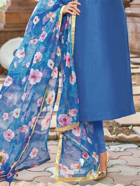 Blue Embroidered Unstitched Chanderi Cotton Suit for Women – Stilento